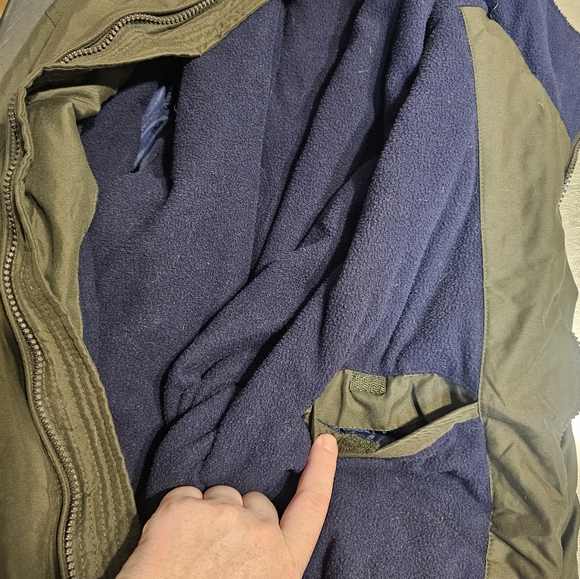 George Mens XL Olive Green Windbreaker Jacket Zipper Pockets Blue Fleece Inside - Picture 9 of 9